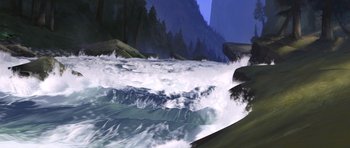 Movie still from “Spirit: Stallion of the Cimarron” (2002), directed by Lorna Cook – A painting of a body of water with waves crashing on the shore; Extreme Wide shot, High angle