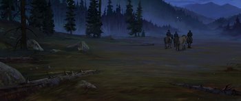 Movie still from “Spirit: Stallion of the Cimarron” (2002), directed by Lorna Cook – A man riding a horse through a field at night; Extreme Wide shot, High angle