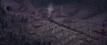 Movie still from “Spirit: Stallion of the Cimarron” (2002), directed by Lorna Cook – An aerial view of a train traveling through a camp site; Extreme Wide shot, High angle