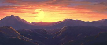 Movie still from “Spirit: Stallion of the Cimarron” (2002), directed by Lorna Cook – The sun is setting over a mountain range; Extreme Wide shot, Low angle