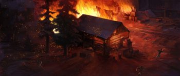 Movie still from “Spirit: Stallion of the Cimarron” (2002), directed by Lorna Cook – A painting of a log cabin in the middle of a fire; Extreme Wide shot, High angle