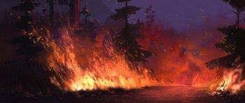 Movie still from “Spirit: Stallion of the Cimarron” (2002), directed by Lorna Cook – A fire is burning in the middle of the night; Extreme Wide shot, Low angle