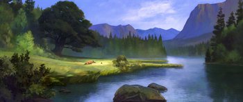 Movie still from “Spirit: Stallion of the Cimarron” (2002), directed by Lorna Cook – An oil painting of a river with a mountain range in the background; Extreme Wide shot, High angle