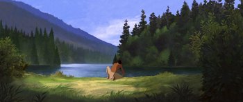 Movie still from “Spirit: Stallion of the Cimarron” (2002), directed by Lorna Cook – A man sitting on the grass near a body of water; Extreme Wide shot, Low angle