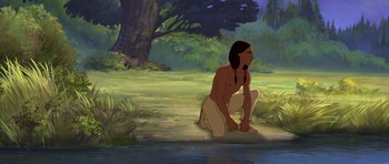 Movie still from “Spirit: Stallion of the Cimarron” (2002), directed by Lorna Cook – An animated scene of a man kneeling down in front of a tree; Wide shot, Low angle