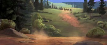 Movie still from “Spirit: Stallion of the Cimarron” (2002), directed by Lorna Cook – An oil painting of a dirt road with a bunch of people on horseback; Extreme Wide shot, High angle