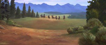 Movie still from “Spirit: Stallion of the Cimarron” (2002), directed by Lorna Cook – A group of people riding horses across a field; Extreme Wide shot, Low angle