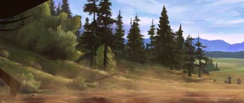 Movie still from “Spirit: Stallion of the Cimarron” (2002), directed by Lorna Cook – An oil painting of trees in a wooded area; Extreme Wide shot, High angle