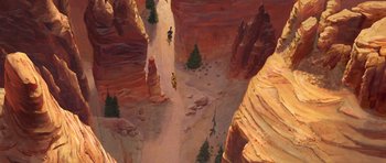 Movie still from “Spirit: Stallion of the Cimarron” (2002), directed by Lorna Cook – A painting of two people on horseback riding through a canyon; Extreme Wide shot, Overhead angle