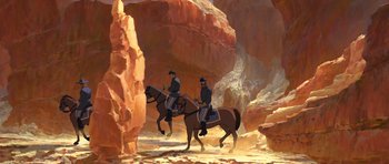 Movie still from “Spirit: Stallion of the Cimarron” (2002), directed by Lorna Cook – A painting of two men on horseback in the desert; Wide shot, Low angle