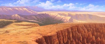 Movie still from “Spirit: Stallion of the Cimarron” (2002), directed by Lorna Cook – An oil painting of a horse and rider on a cliff; Extreme Wide shot, High angle