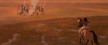 Movie still from “Spirit: Stallion of the Cimarron” (2002), directed by Lorna Cook – An artistic painting of native americans gathered in the desert; Extreme Wide shot, High angle