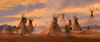 Movie still from “Spirit: Stallion of the Cimarron” (2002), directed by Lorna Cook – An indian village with teepees and horses in the background; Extreme Wide shot, Low angle
