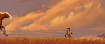 Movie still from “Spirit: Stallion of the Cimarron” (2002), directed by Lorna Cook – A painting of a horse galloping through a field; Extreme Wide shot, Low angle
