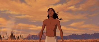 Movie still from “Spirit: Stallion of the Cimarron” (2002), directed by Lorna Cook – An animated picture of a man with long black hair; Medium shot, Low angle