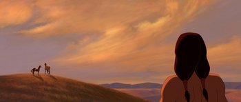 Movie still from “Spirit: Stallion of the Cimarron” (2002), directed by Lorna Cook – An oil painting of a sunset over a mountain range; Extreme Wide shot, Low angle