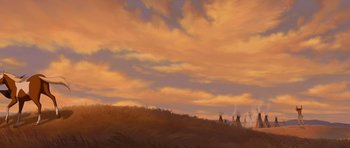 Movie still from “Spirit: Stallion of the Cimarron” (2002), directed by Lorna Cook – An oil painting of people on a grassy hill at sunset; Extreme Wide shot, Low angle