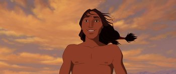 Movie still from “Spirit: Stallion of the Cimarron” (2002), directed by Lorna Cook – An animated picture of a man with long black hair; Close Up shot, Low angle