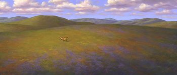 Movie still from “Spirit: Stallion of the Cimarron” (2002), directed by Lorna Cook – An oil painting of a horse and rider in a grassy field; Extreme Wide shot, High angle