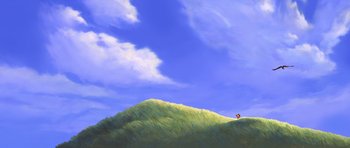 Movie still from “Spirit: Stallion of the Cimarron” (2002), directed by Lorna Cook – An oil painting of a grassy hill with a blue sky in the background; Extreme Wide shot, Low angle