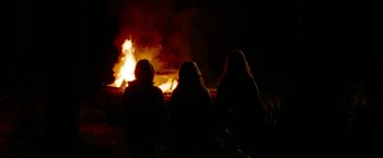 Movie still from “Spring Breakers” (2012), directed by Harmony Korine – A group of people sitting in front of a fire; Wide shot, High angle