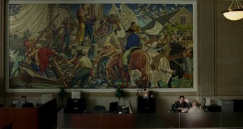 Movie still from “St. Vincent” (2014), directed by Theodore Melfi – A painting of a man on horseback in front of a wall; Extreme Wide shot, Low angle