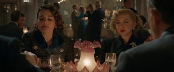 Movie still from “Stan & Ollie” (2018), directed by Jon S. Baird – Two women are sitting at a table with a candle; Medium shot, Over the shoulder angle