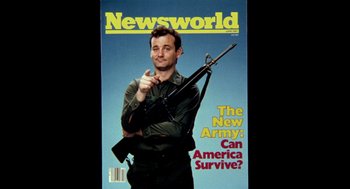 Movie still from “Stripes” (1981), directed by Ivan Reitman – A man holding a rifle and pointing at the camera; Medium shot, Overhead angle