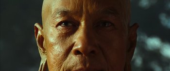 Movie still from “Ong Bak 3” (2010), directed by Tony Jaa – An old man with a very large eye area; Extreme Close Up shot, Low angle