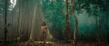 Movie still from “Ong Bak 3” (2010), directed by Tony Jaa – A man walking through a forest with trees in the background; Wide shot, Low angle