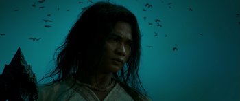 Movie still from “Ong Bak 3” (2010), directed by Tony Jaa – A man with long black hair standing in front of a flock of birds; Close Up shot, Low angle