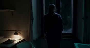 Movie still from “Suspiria” (2018), directed by Luca Guadagnino – A woman standing in front of a window at night; Medium shot, Over the shoulder angle