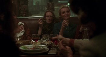 Movie still from “Suspiria” (2018), directed by Luca Guadagnino – A group of people sitting at a table with drinks; Medium shot, High angle
