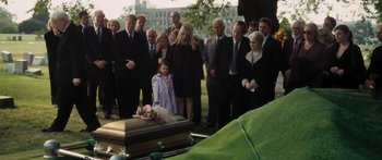 Movie still from “Synecdoche, New York” (2008), directed by Charlie Kaufman – A group of people standing around a casket; Medium shot, Over the shoulder angle