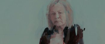 Movie still from “Synecdoche, New York” (2008), directed by Charlie Kaufman – A painting of an older woman looking at the camera; Close Up shot, Low angle