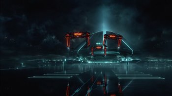 Movie still from “TRON: Legacy” (2010), directed by Joseph Kosinski – An image of an alien spaceship in the dark; Extreme Wide shot, Low angle