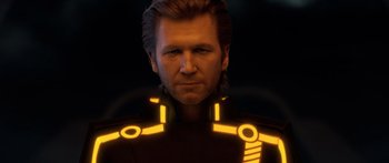 Movie still from “TRON: Legacy” (2010), directed by Joseph Kosinski – A person wearing a costume; Close Up shot, Low angle