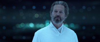 Movie still from “TRON: Legacy” (2010), directed by Joseph Kosinski – A person with long hair and a beard; Close Up shot, Low angle