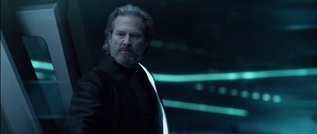 Movie still from “TRON: Legacy” (2010), directed by Joseph Kosinski – Jeff bridges in a scene from the movie the man from u; Close Up shot, Low angle
