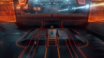 Movie still from “TRON: Legacy” (2010), directed by Joseph Kosinski – A group of people standing on top of a platform; Extreme Wide shot, High angle