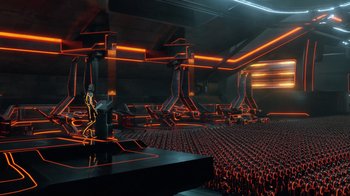 Movie still from “TRON: Legacy” (2010), directed by Joseph Kosinski – A large room filled with lots of red lights; Extreme Wide shot, High angle
