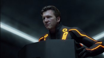 Movie still from “TRON: Legacy” (2010), directed by Joseph Kosinski – A person wearing a jacket; Close Up shot, Low angle