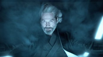 Movie still from “TRON: Legacy” (2010), directed by Joseph Kosinski – A man with a long white beard is holding a sword; Close Up shot, Low angle