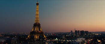 Movie still from “Taken 2” (2012), directed by Olivier Megaton – A view of the eiffel tower at night; Extreme Wide shot, Low angle