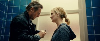Movie still from “Taken 3” (2014), directed by Olivier Megaton – A man and a woman looking at each other; Close Up shot, Over the shoulder angle