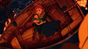Movie still from “Tarzan” (1999), directed by Kevin Lima – A woman holding a baby on a boat in the middle of the night; Wide shot, Overhead angle