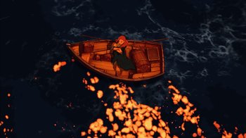 Movie still from “Tarzan” (1999), directed by Kevin Lima – An illustration of a person in a boat in the water; Wide shot, Overhead angle