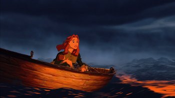 Movie still from “Tarzan” (1999), directed by Kevin Lima – A woman sitting in a boat in the water; Extreme Wide shot, High angle