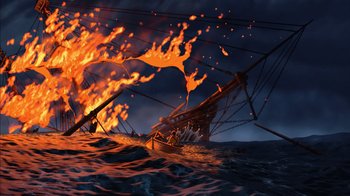Movie still from “Tarzan” (1999), directed by Kevin Lima – An illustration of a boat on fire in the ocean; Extreme Wide shot, High angle