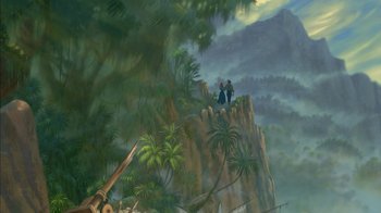 Movie still from “Tarzan” (1999), directed by Kevin Lima – A painting of two people standing on top of a cliff; Extreme Wide shot, Low angle